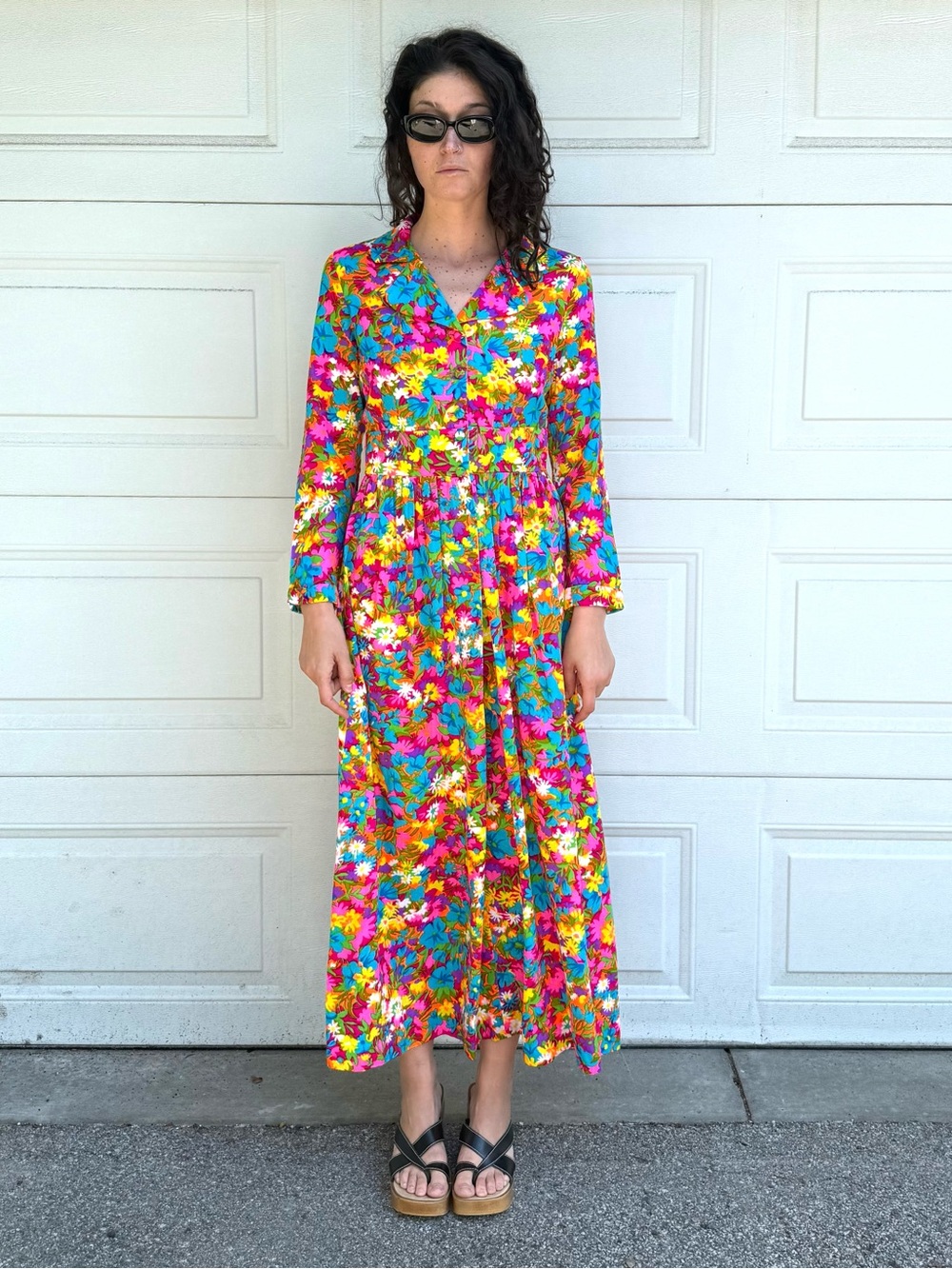 Vintage Vibrant Floral Long Sleeve Maxi Dress - Bright Multicolor Psychedelic